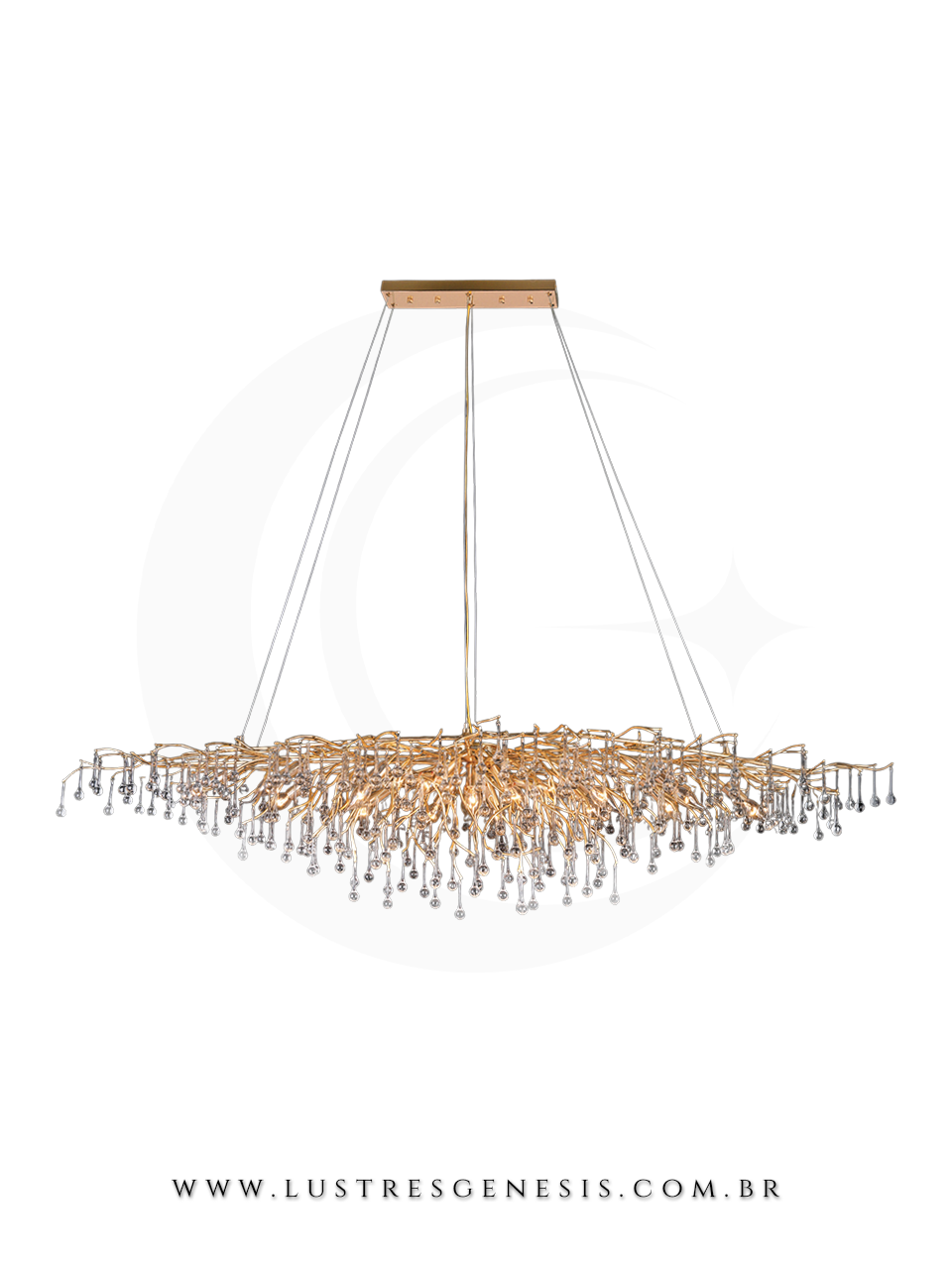 Lustre de Cristal Gota Galho Dourado 180x60cm Para Sua Sala de Jantar 